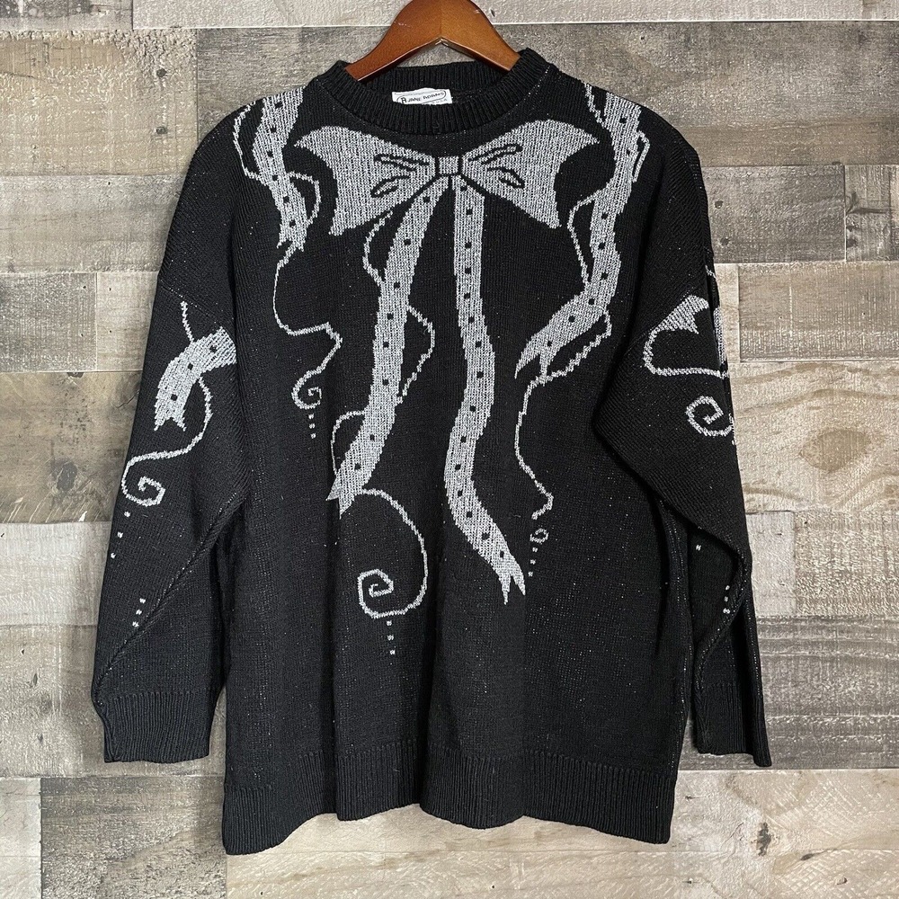 Vtg 1988 A Jane Adams Sweater Black Metallic Silver Bow & Ribbons Holiday 3/4 Sl